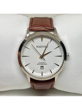 Maestro Classico men’s date watch silver tone quartz analog 40mm brown running